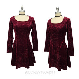 Vintage 90s Crushed Velvet Mini Dress Size S Grunge Goth Berry Red Skater